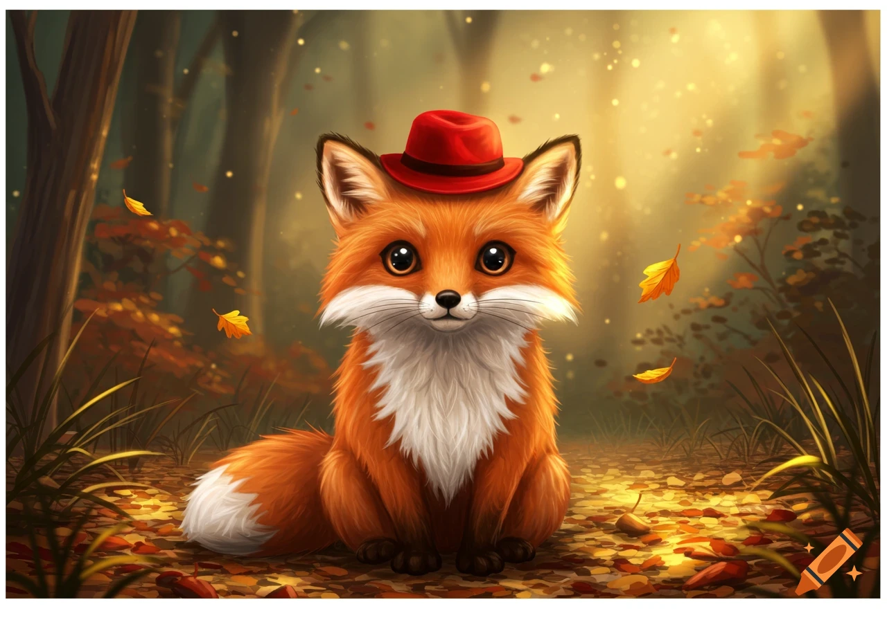 A cute fluffy fox wearing a red hat sits in an autumnal forest with falling leaves, digital art style.