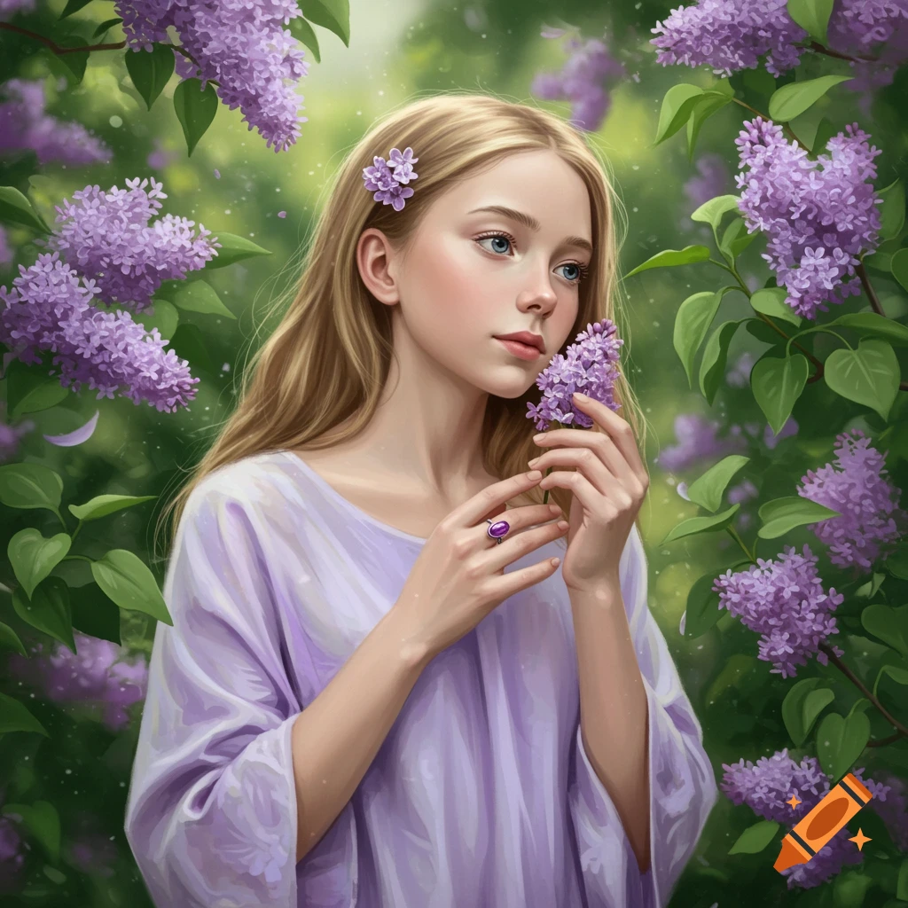 A young blonde girl in a lavender dress smells purple lilac flowers, surrounded by green foliage. Stylized portrait.
