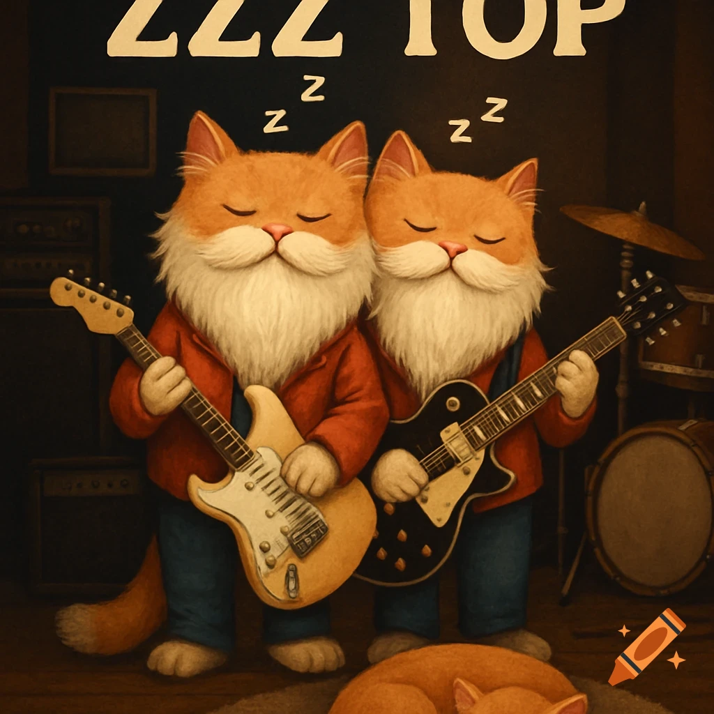 Two anthropomorphic cats with long white beards, red jackets, and blue jeans play electric guitars while sleeping. Text "ZZZ TOP" is at the top, with Z symbols floating above their heads. Another cat sleeps on a rug, with a drum set in the background.