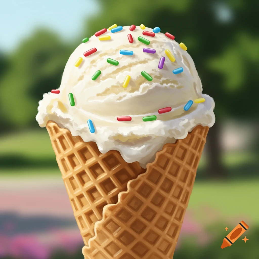 A single scoop of vanilla ice cream with colorful sprinkles in a waffle cone, with a blurred outdoor background.