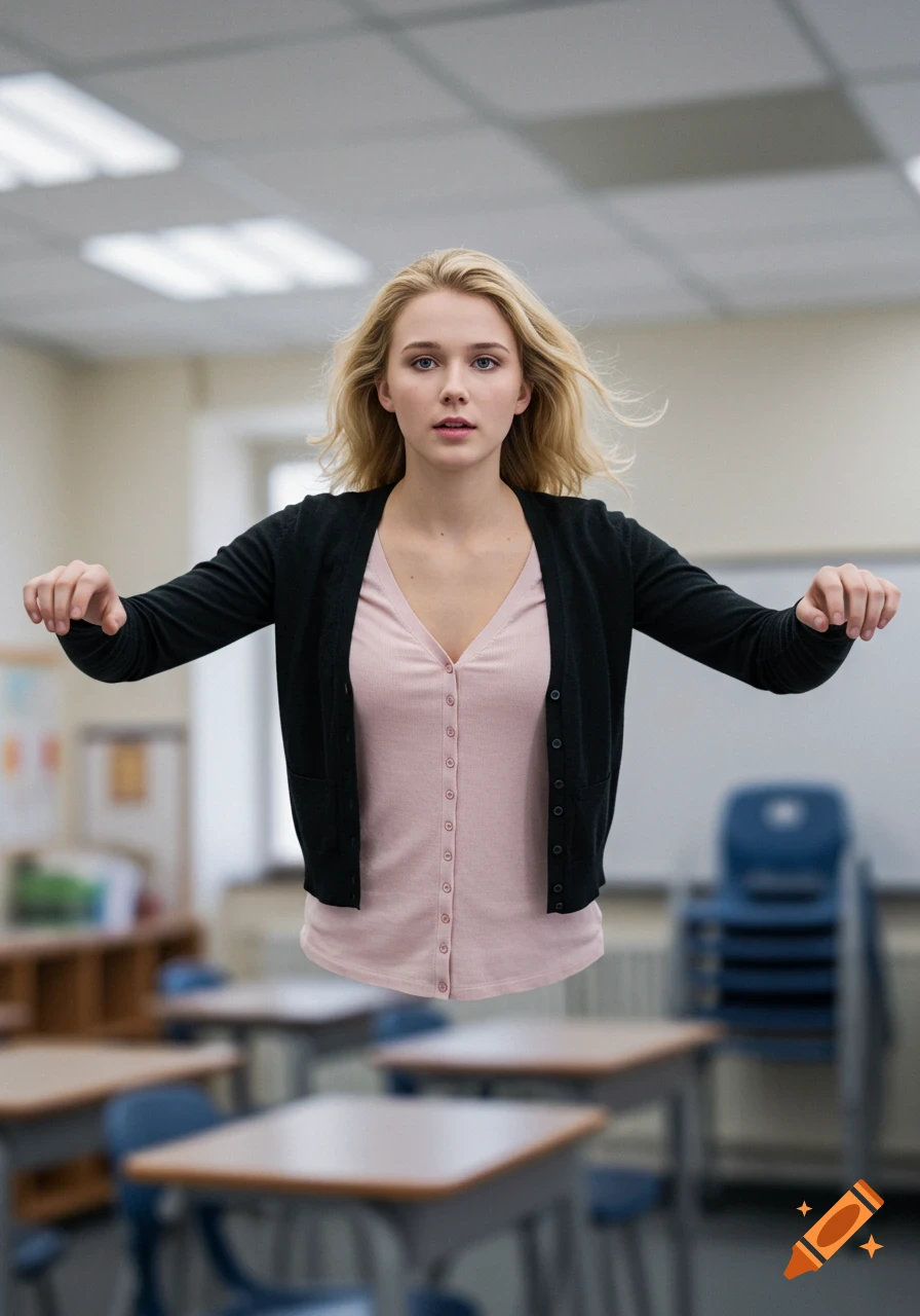 A blonde woman in a black cardigan and pink blouse floats seemingly bodiless in the middle of a classroom filled with desks and chairs.