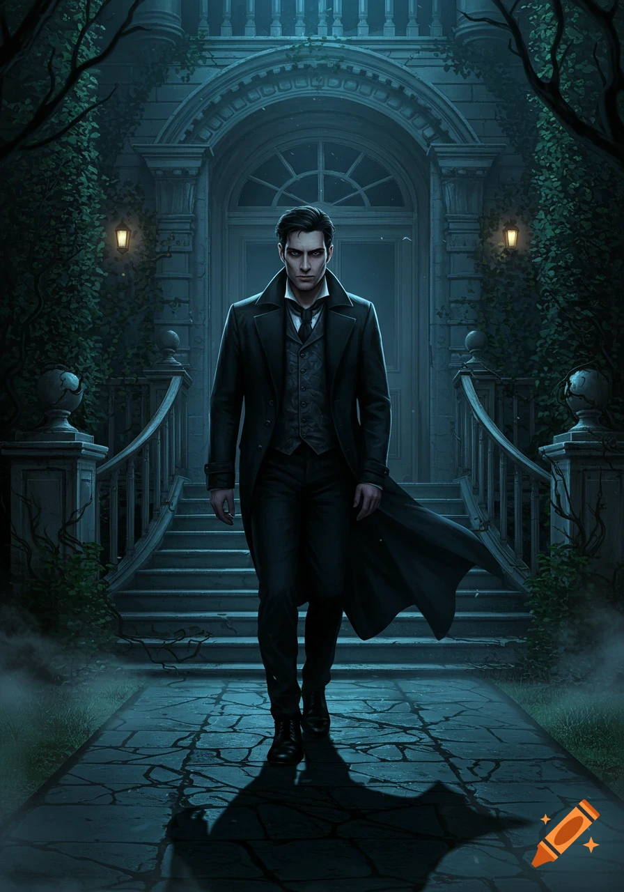 A pale man in a dark coat walks forward on a stone path from a vine-covered gothic mansion at night, lit by lanterns.