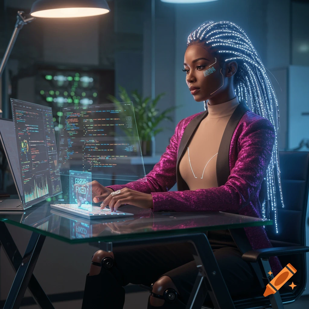 A futuristic African American AI expert with glowing fiber-optic hair works at an augmented reality workstation, code projected on holographic screens.