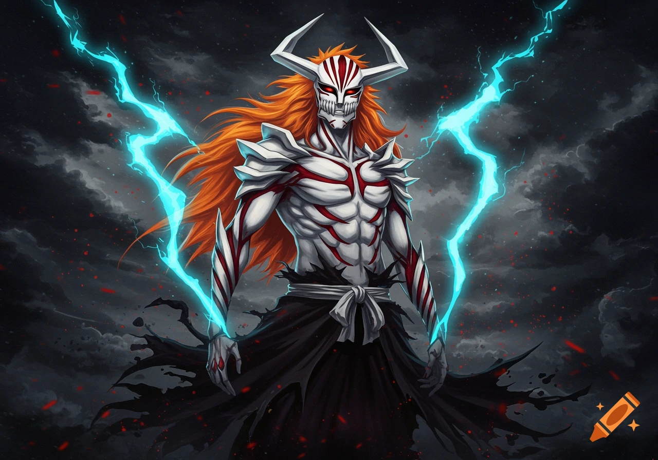 A powerful, masked figure with long orange hair, white armor, and a black cloak stands amidst blue lightning.