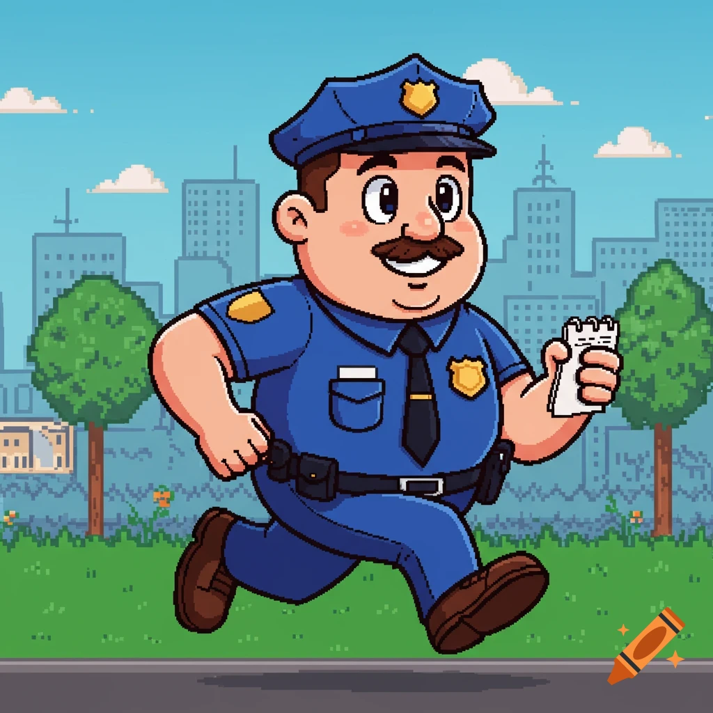 A cartoon pixel art police officer with a mustache runs holding a notepad, with a pixelated cityscape background.