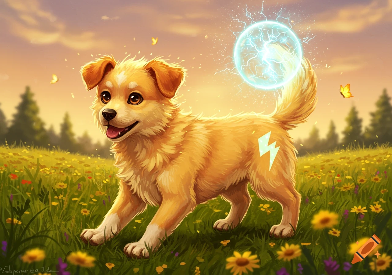 A happy yellow puppy with a lightning bolt on its side and a glowing lightning orb near its tail stands in a vibrant field of flowers.