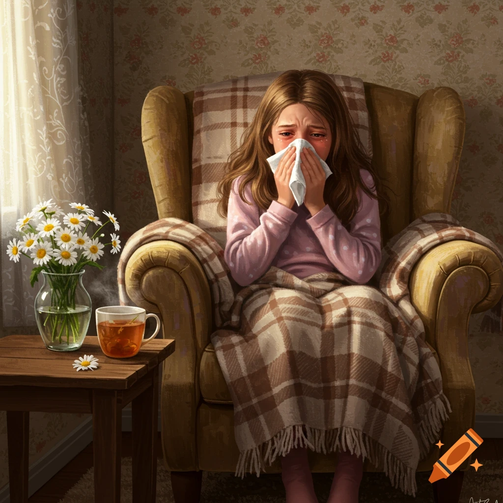 A sad girl in a plaid blanket sits in an armchair, blowing her nose. A vase of daisies and a cup of tea are on a table. Painting style.