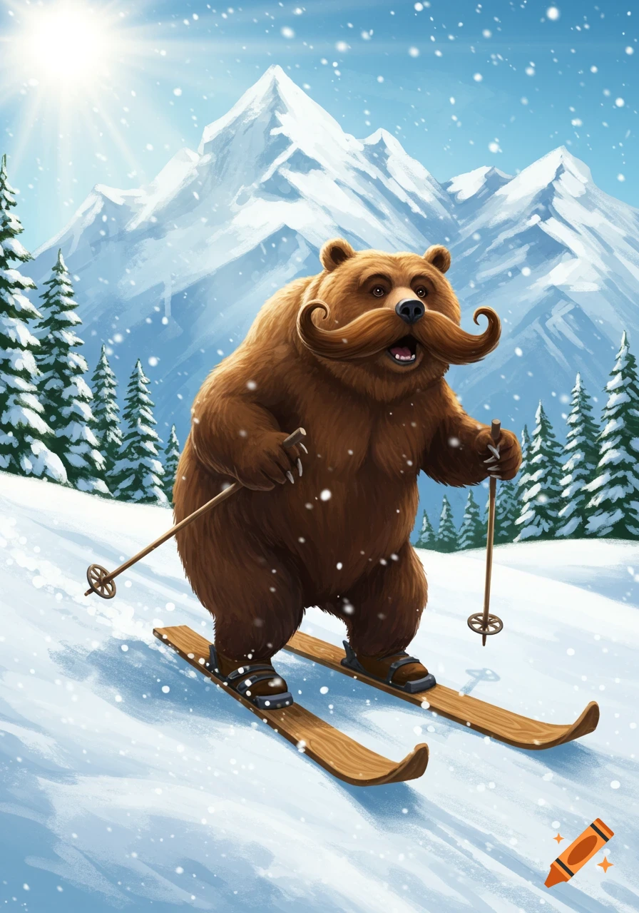A cartoon bear with a large curly mustache is skiing down a snowy mountain with pine trees under a bright sun.