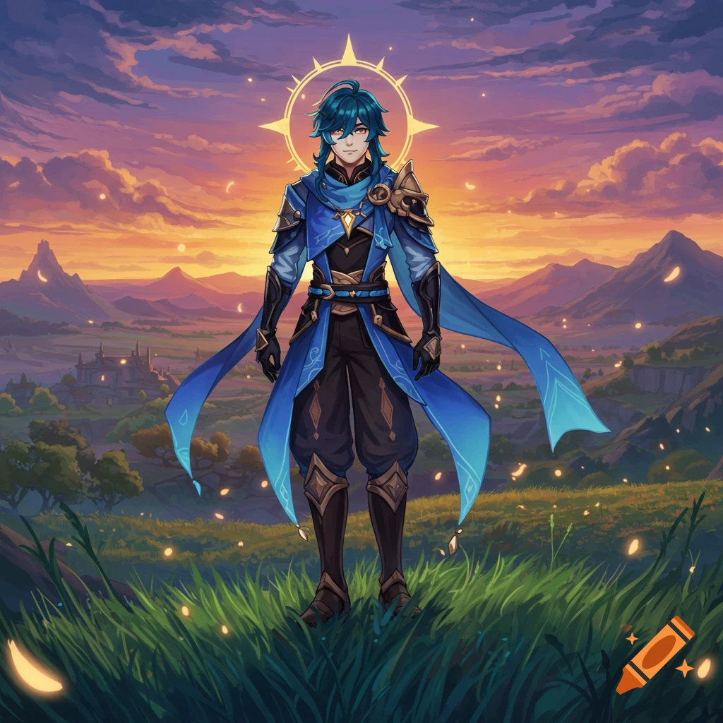 An anime man with blue hair and a blue cape stands in a grassy field at sunset, with mountains and a town in the background.