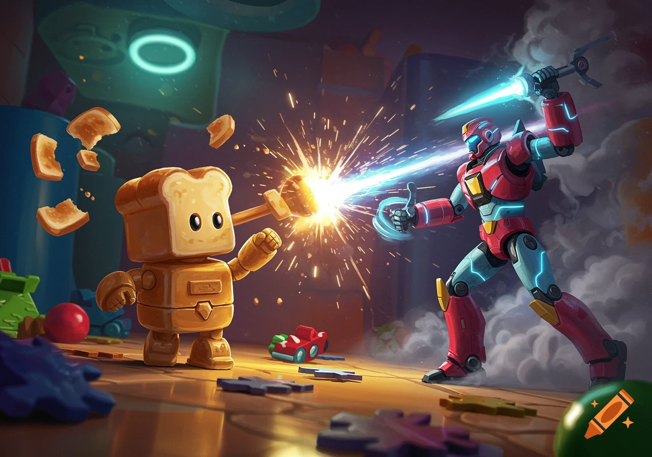 A bread robot battles a red and blue robot with a glowing sword and laser in a toy-filled room.