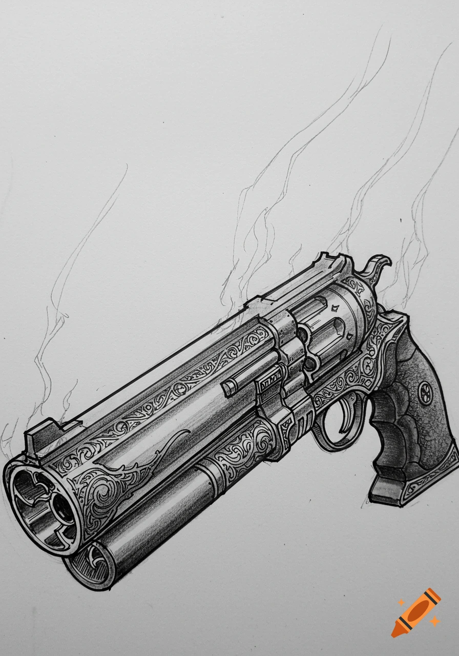 Detailed sketch of an ornate, large-barreled revolver with decorative engravings on a white background.