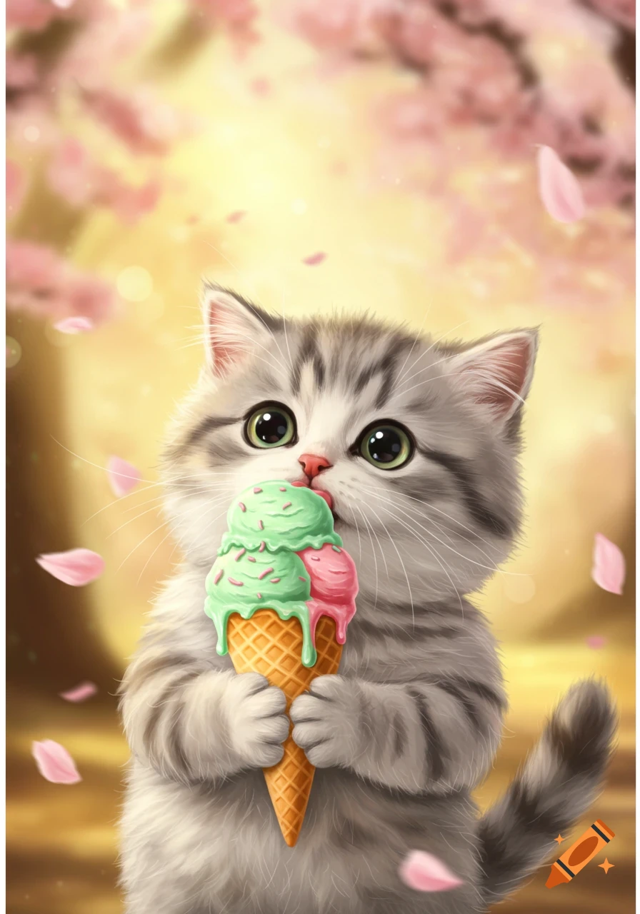 A fluffy grey and white kitten licks a two-scoop ice cream cone (mint green and pink) amidst falling pink petals in a soft, bright background illustration.