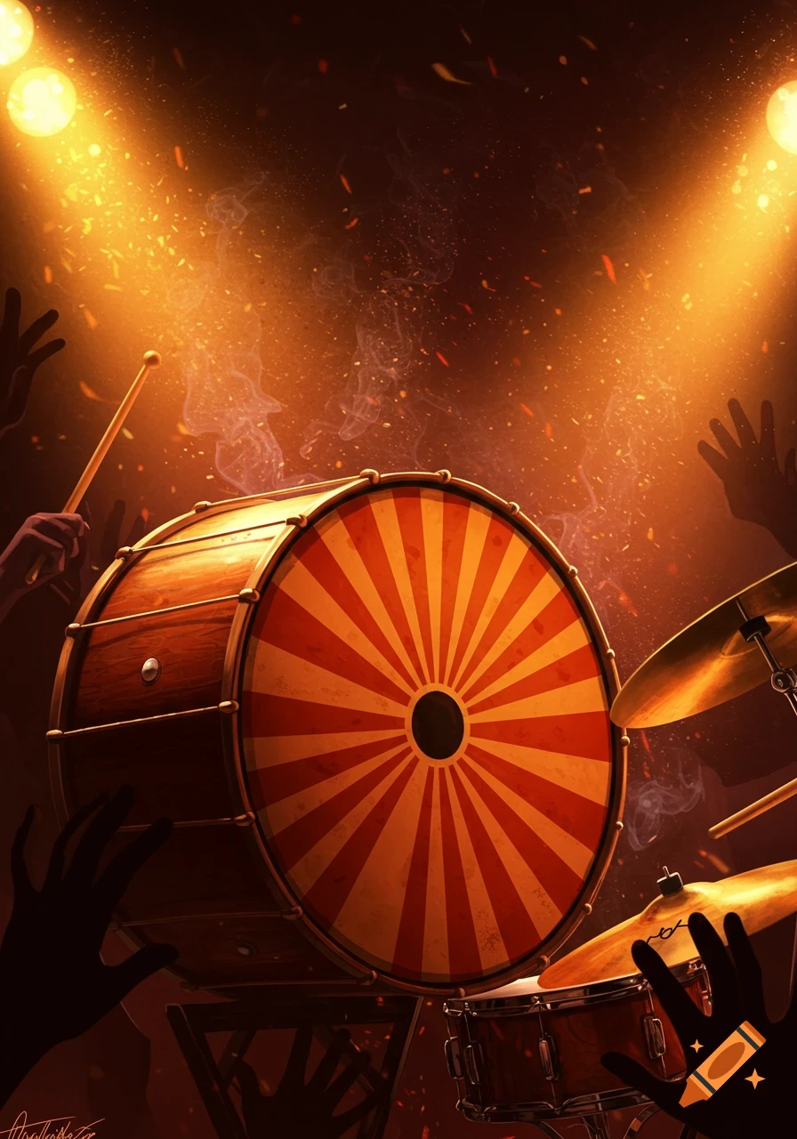 Illustration of a bass drum with a red and orange sunburst pattern and cymbals on a dark stage, illuminated by spotlights with silhouetted hands.