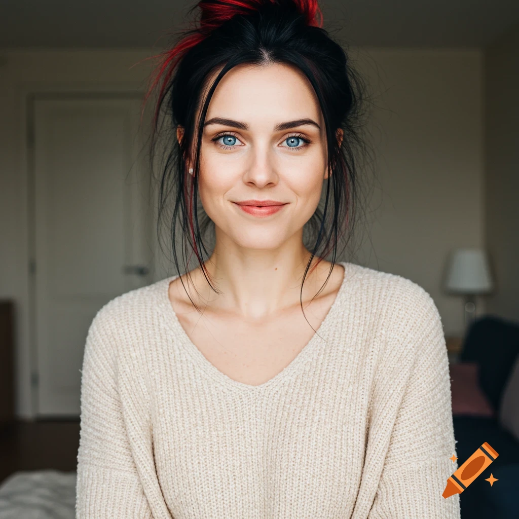 A close-up portrait of a young woman with dark hair in a messy bun with red highlights, blue eyes, and wearing a beige sweater, smiling slightly.
