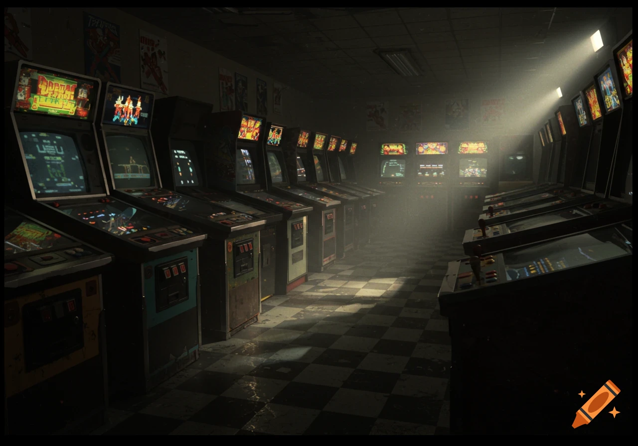 A dark, empty retro arcade with rows of old-fashioned gaming machines, illuminated by light rays from the right, creating a nostalgic, eerie atmosphere.