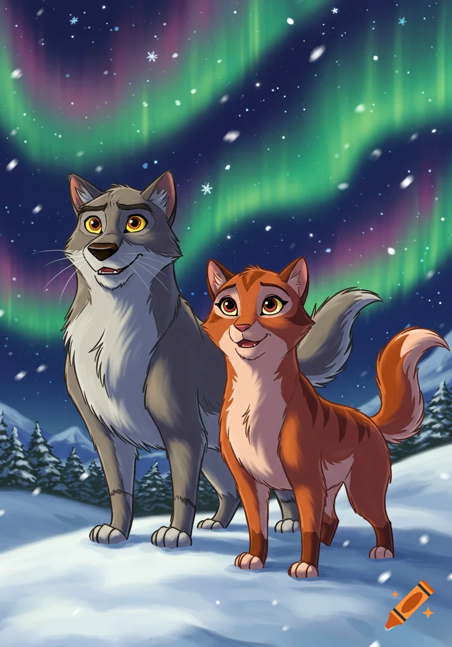 Two anthropomorphic cats, one gray and one orange, stand in a snowy landscape under a night sky with aurora borealis.