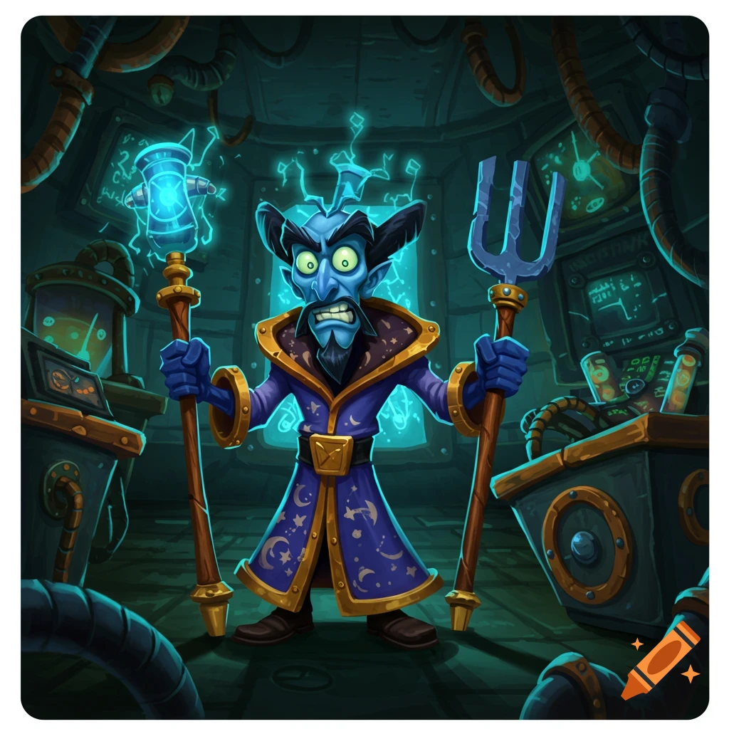 A stylized cartoon blue-skinned wizard with a beard and glowing green eyes holds a glowing hammer-scepter and a trident in a cluttered, dark workshop.