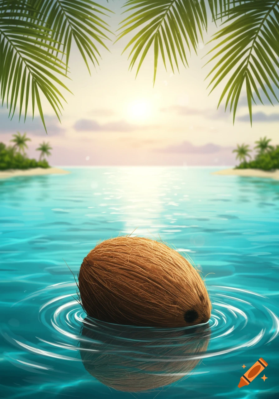 A coconut floats in clear turquoise water under palm fronds with a sunny tropical beach in the background.