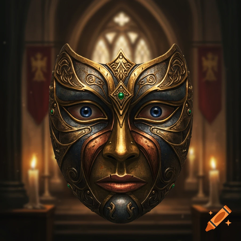 An ornate medieval mask in gold, blue, and bronze with large blue eyes and green gems, set against a blurred church interior with candles.