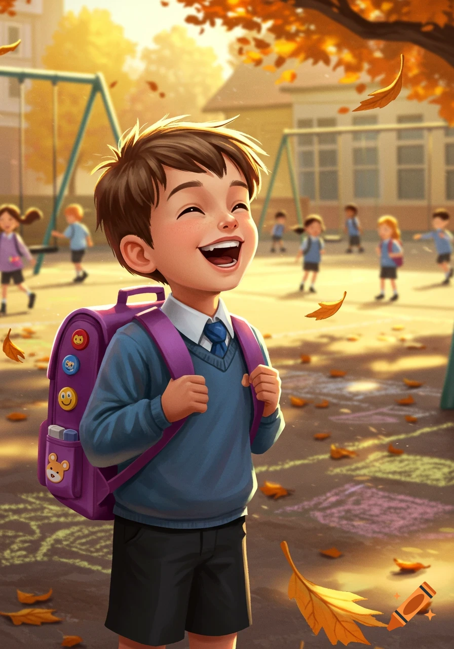 A happy illustrated boy wearing a backpack laughs on a school playground with autumn leaves falling and other children in the background.