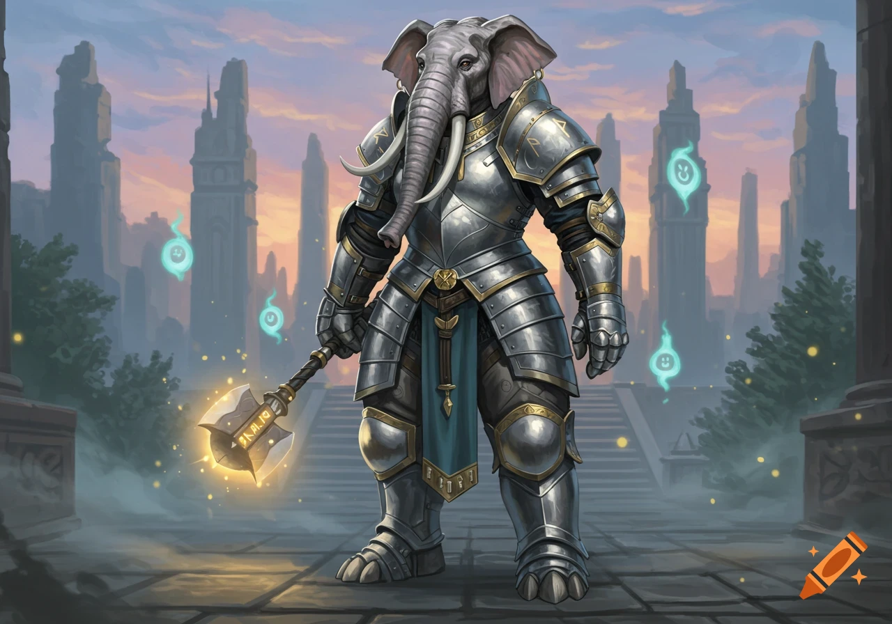 An elephant-headed paladin in silver armor holds a glowing warhammer, standing in a ruined city with glowing spirits.