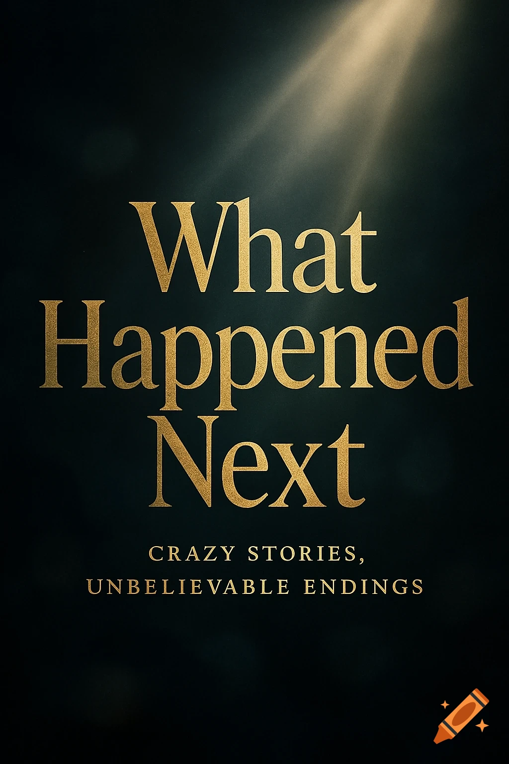 Gold text 'What Happened Next' with tagline 'Crazy Stories, Unbelievable Endings' on a dark background with light rays.