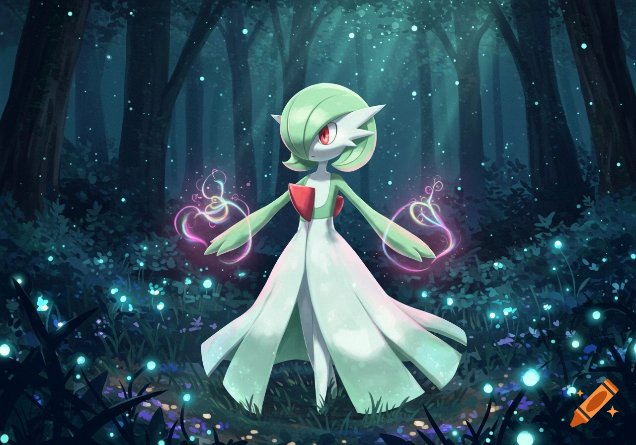 Gardevoir stands in a magical, dark forest with glowing plants and particles, emanating colorful energy from its hands.