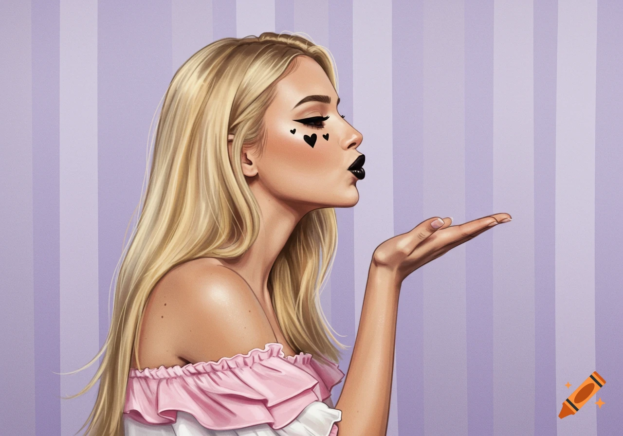 Digital illustration of a blonde woman with black heart makeup blowing a kiss against a purple striped background.