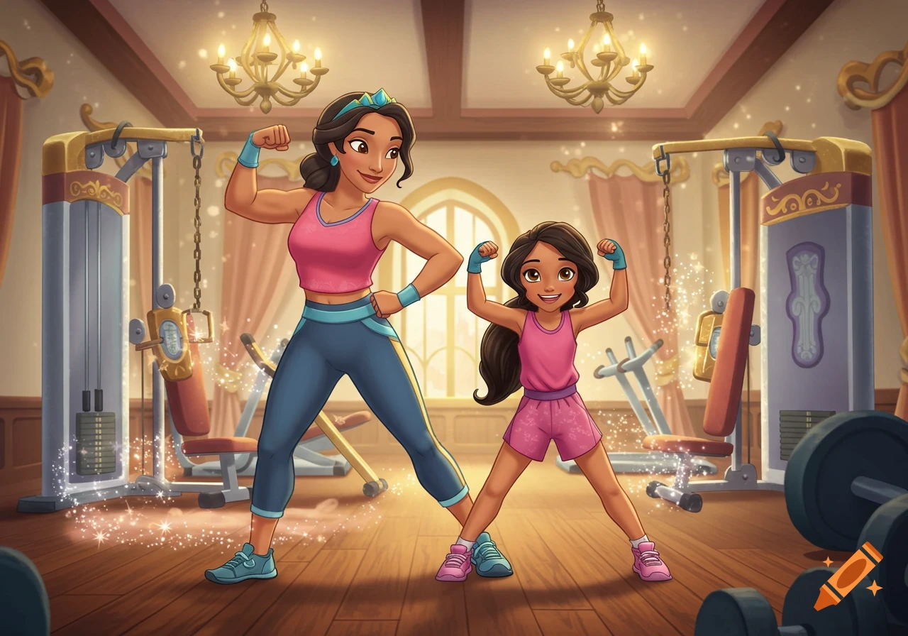 Disney Jr. Elena of Avalor style cartoon of Elena's mother and daughter flexing muscles in a fancy gym.