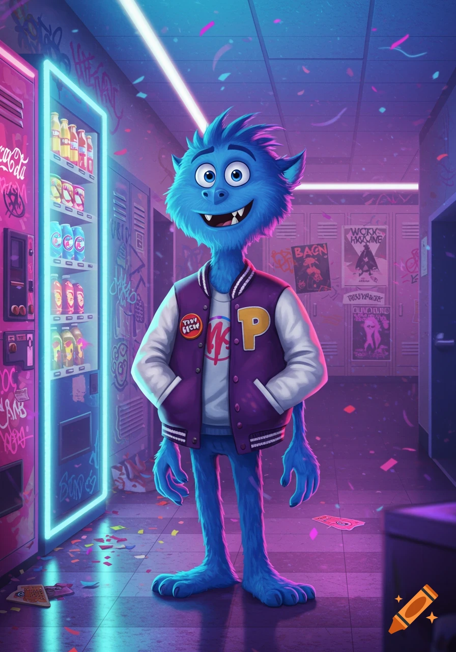 A smiling blue furry monster in a letterman jacket stands in a neon-lit school hallway with vending machines and lockers.