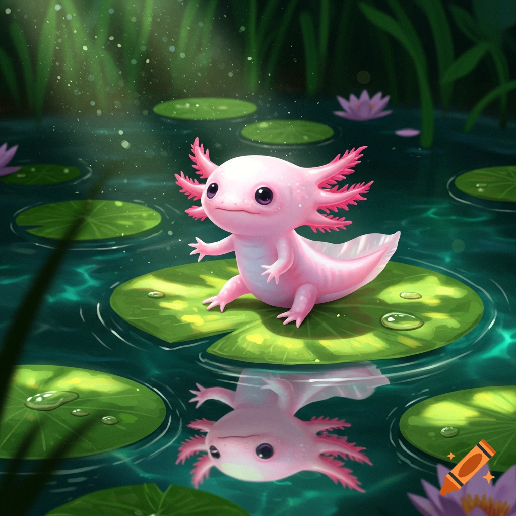 A cute pink baby axolotl sits on a lily pad in a pond, with its reflection visible below. Water lilies and lush green foliage surround it.