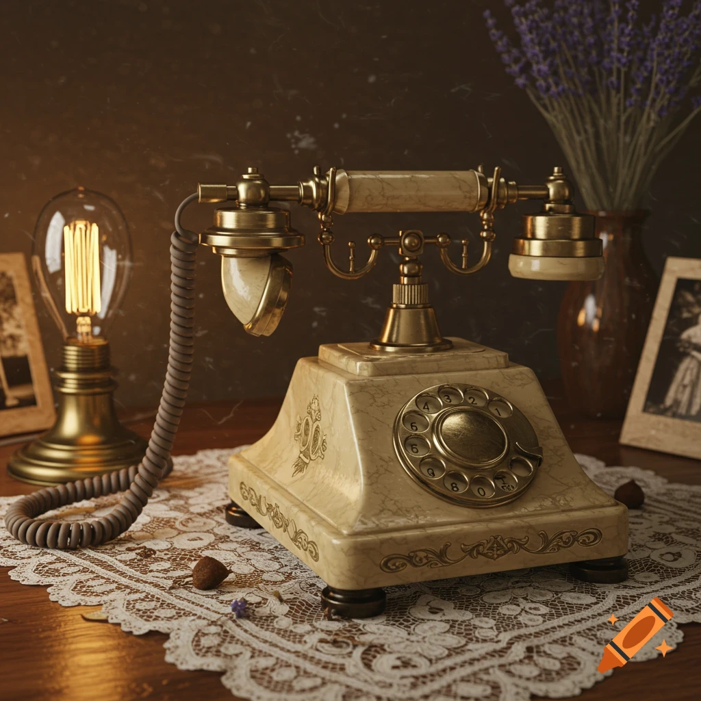 A vintage rotary phone with an antique light bulb and a vase of lavender on a lace doily-covered wooden table.
