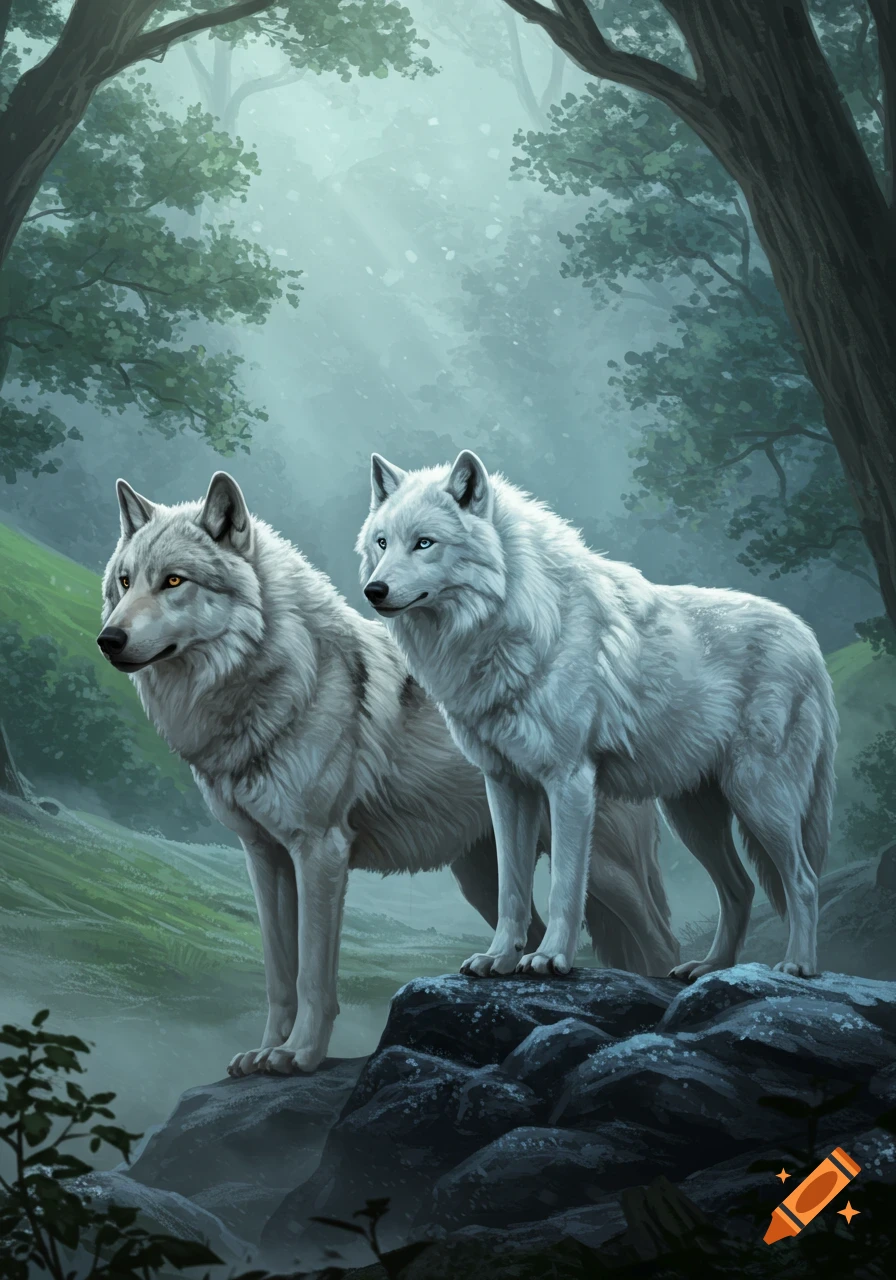Two wolves, one gray and one white, stand on rocks in a misty, enchanted forest.