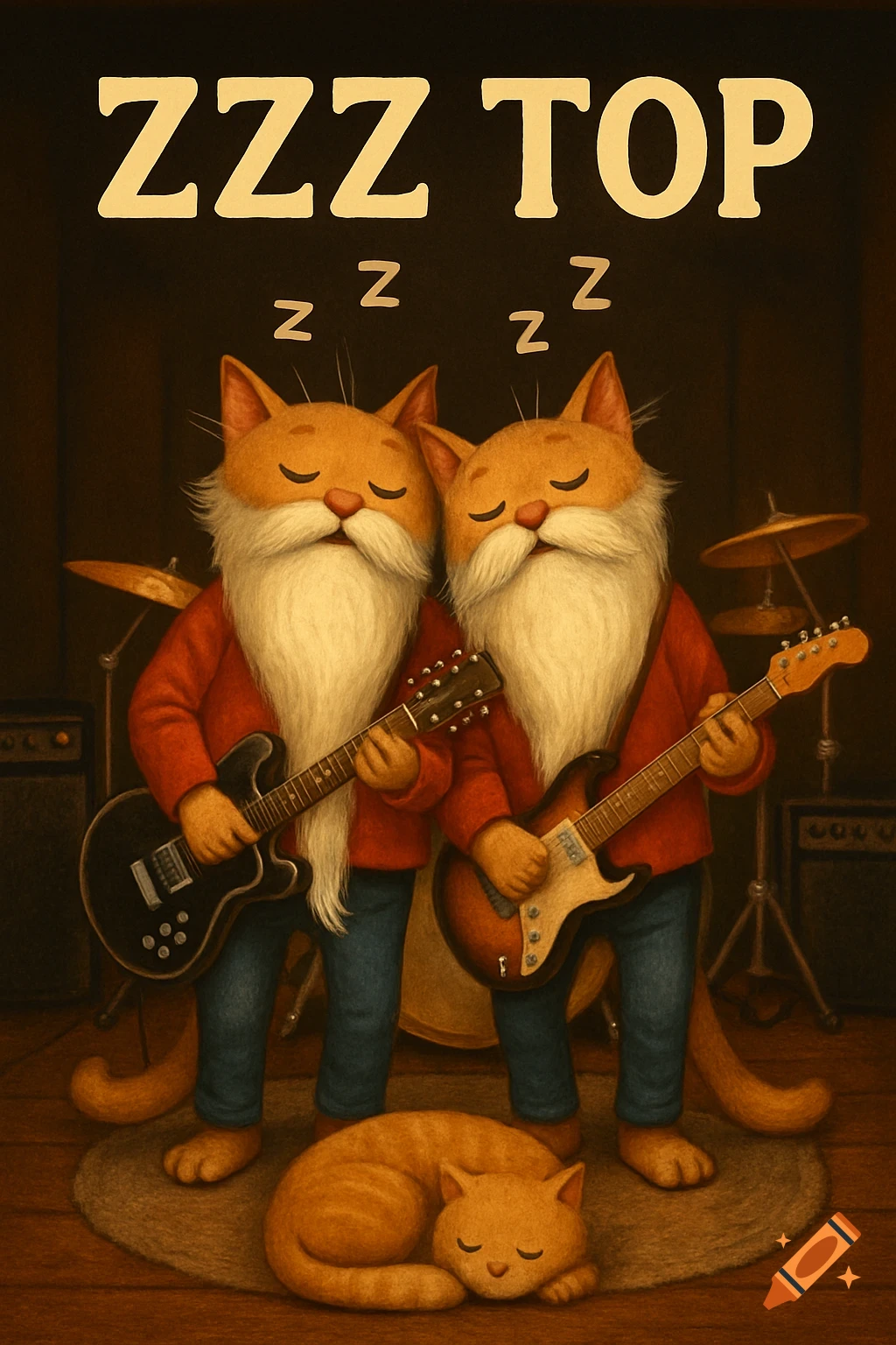 Two anthropomorphic cats with long white beards, wearing red jackets and jeans, asleep while holding electric guitars on a stage. A third cat sleeps on the rug below. Text reads 'ZZZ TOP' above.