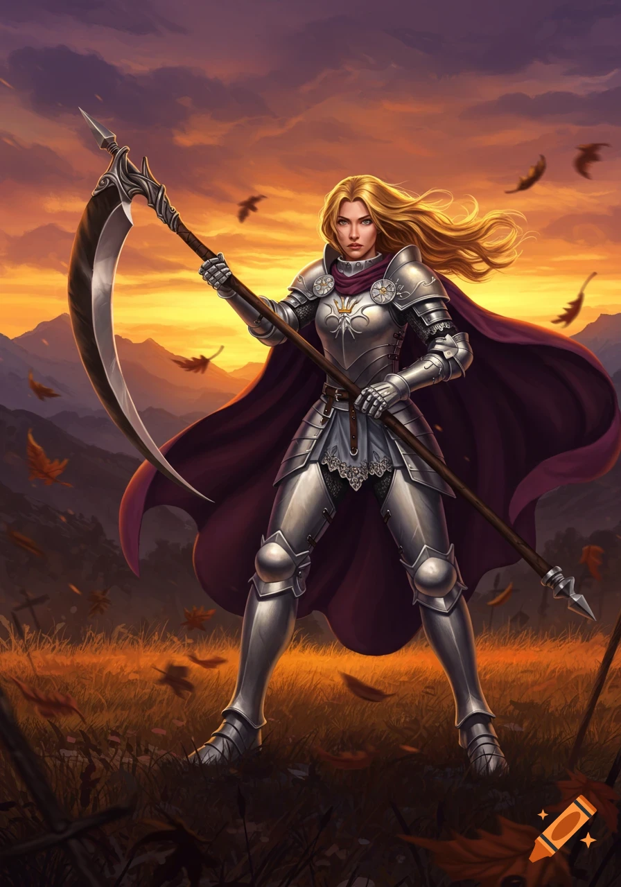 A blonde female knight in silver armor and a purple cape holds a scythe in a field with autumn leaves at sunset.