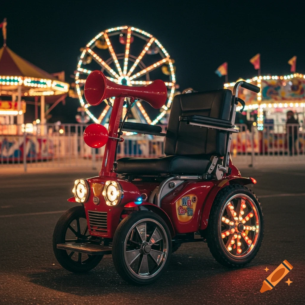 A red motorized wheelchair with megaphone horns and ferris wheel-like wheels sits on asphalt at a brightly lit carnival at night.