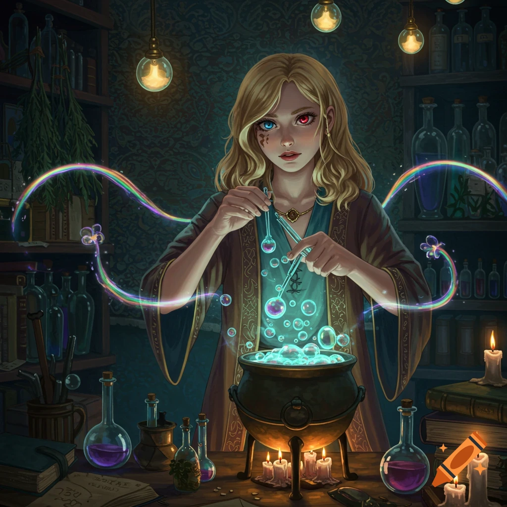 A young, blond-haired female potion maker with heterochromia mixes a glowing potion in a cauldron in a dimly lit, cozy alchemist's room.