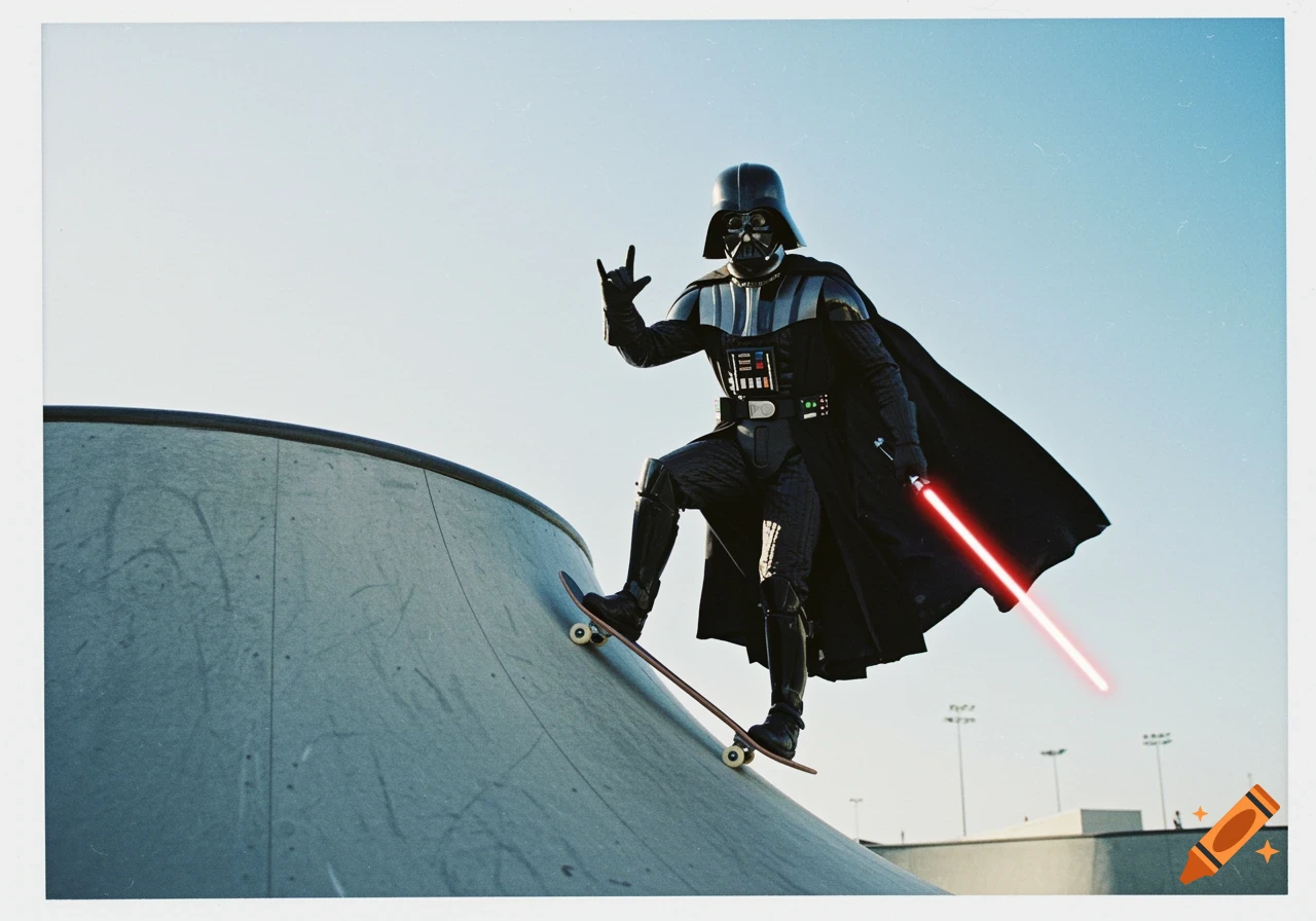 Darth Vader on a skateboard going up a ramp, holding a red lightsaber and making a rock-on sign, in a polaroid style photo.