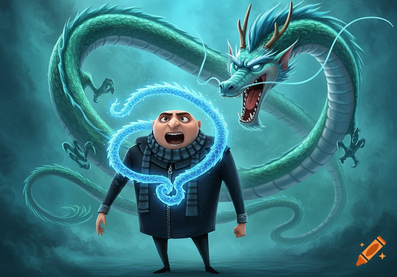 Gru, with a glowing blue dragon energy around him and an open mouth, stands before a roaring teal Chinese dragon in a stylized illustration.