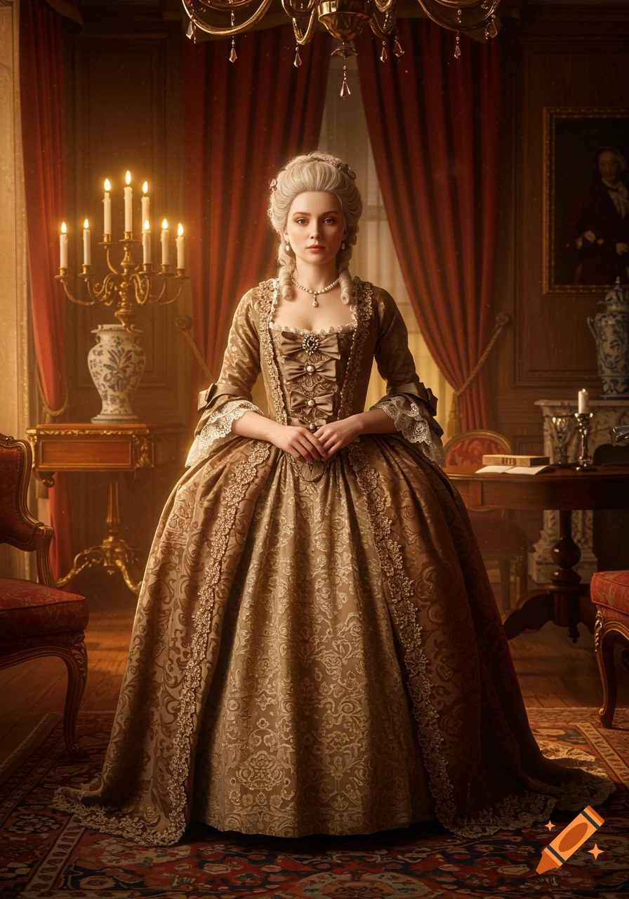 A woman in an elaborate gold historical gown and powdered wig stands in an elegant, richly decorated room.