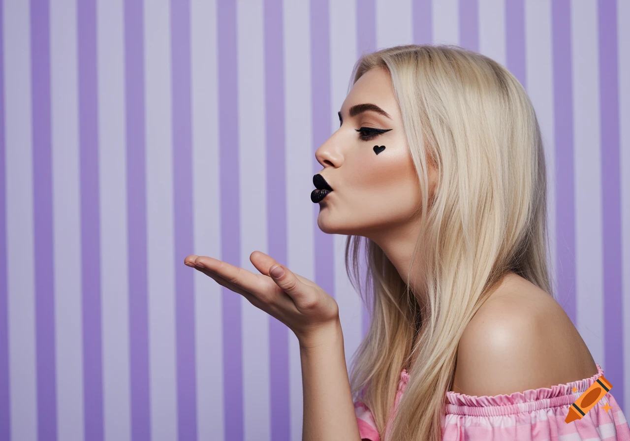 Blonde woman with black lipstick and a heart near her eye blows a kiss against a purple striped background in a photorealistic style.