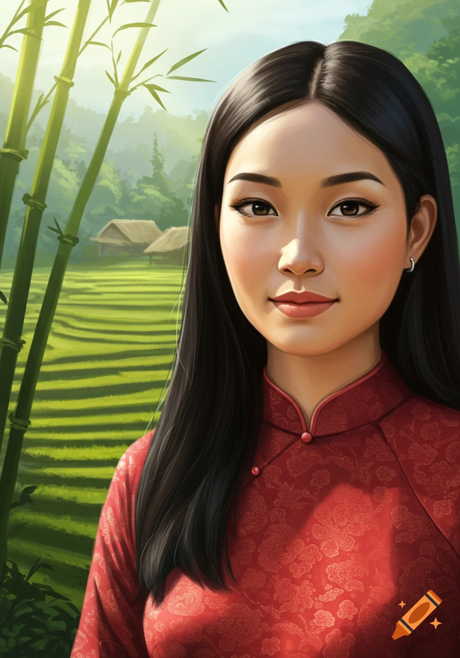 Digital illustration of a Vietnamese woman in a red traditional dress, with bamboo and rice fields in the background.
