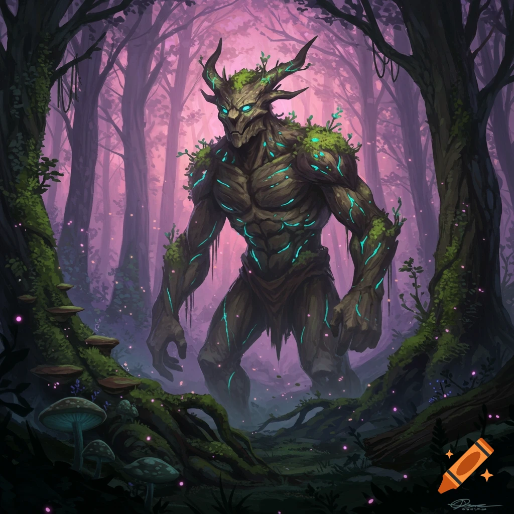 A large, muscular treant with glowing blue lines and eyes stands in a mystical forest with pink skies.