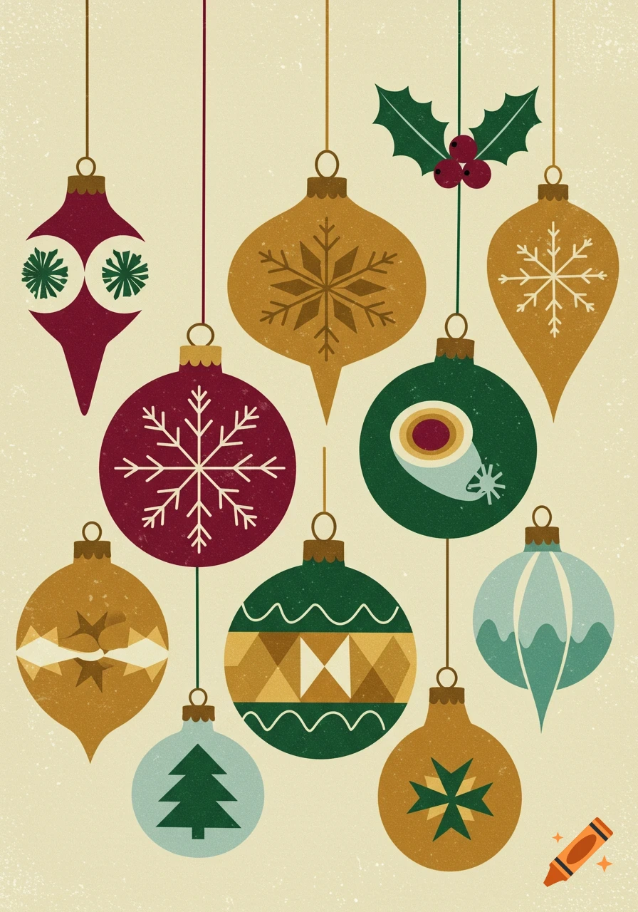 Vintage Christmas ornament illustration with flat colors hanging from strings.