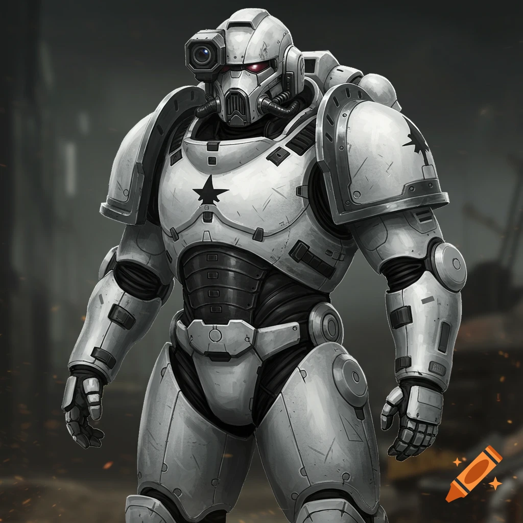 A hyper-realistic concept art rendering of a futuristic white and gray power armor suit with glowing red eyes and a menacing profile.