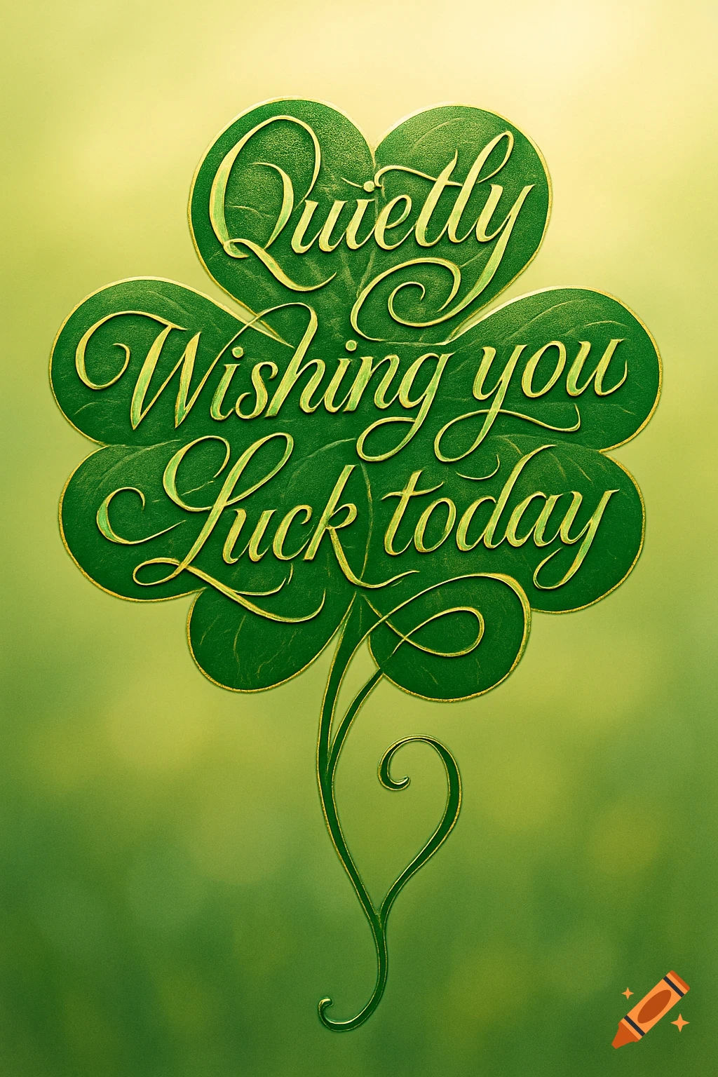 A green four-leaf clover with metallic gold calligraphy that reads "Quietly Wishing you Luck today" on a gradient green background.