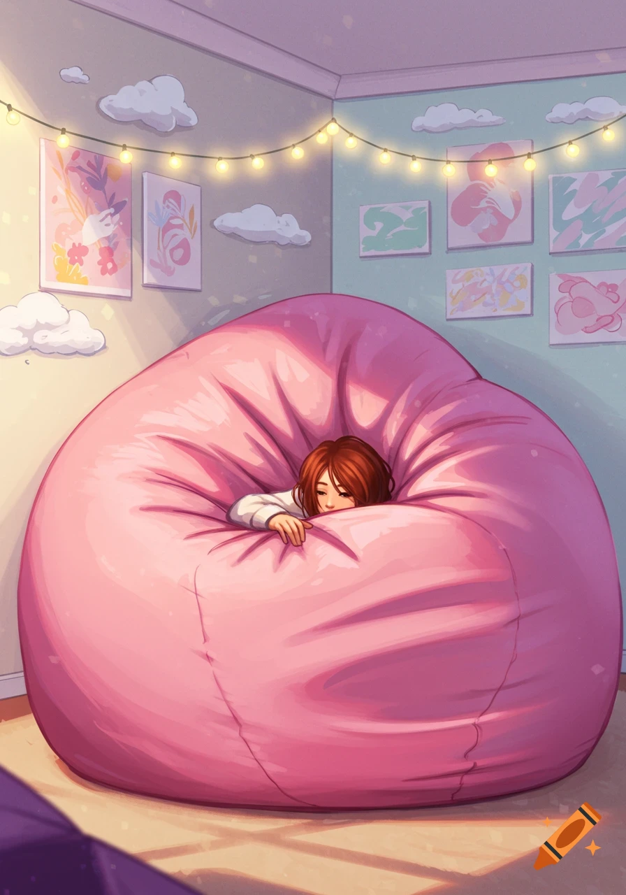 Illustrated person with brown hair peeks from a giant pink bean bag in a cozy room with string lights and abstract wall art.