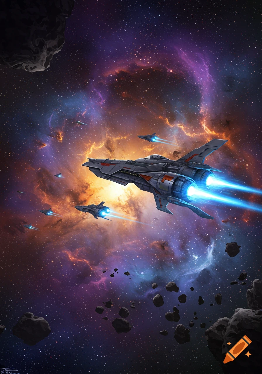 A fleet of futuristic spacecraft with glowing engines flies through a vibrant cosmic nebula filled with stars and asteroids.