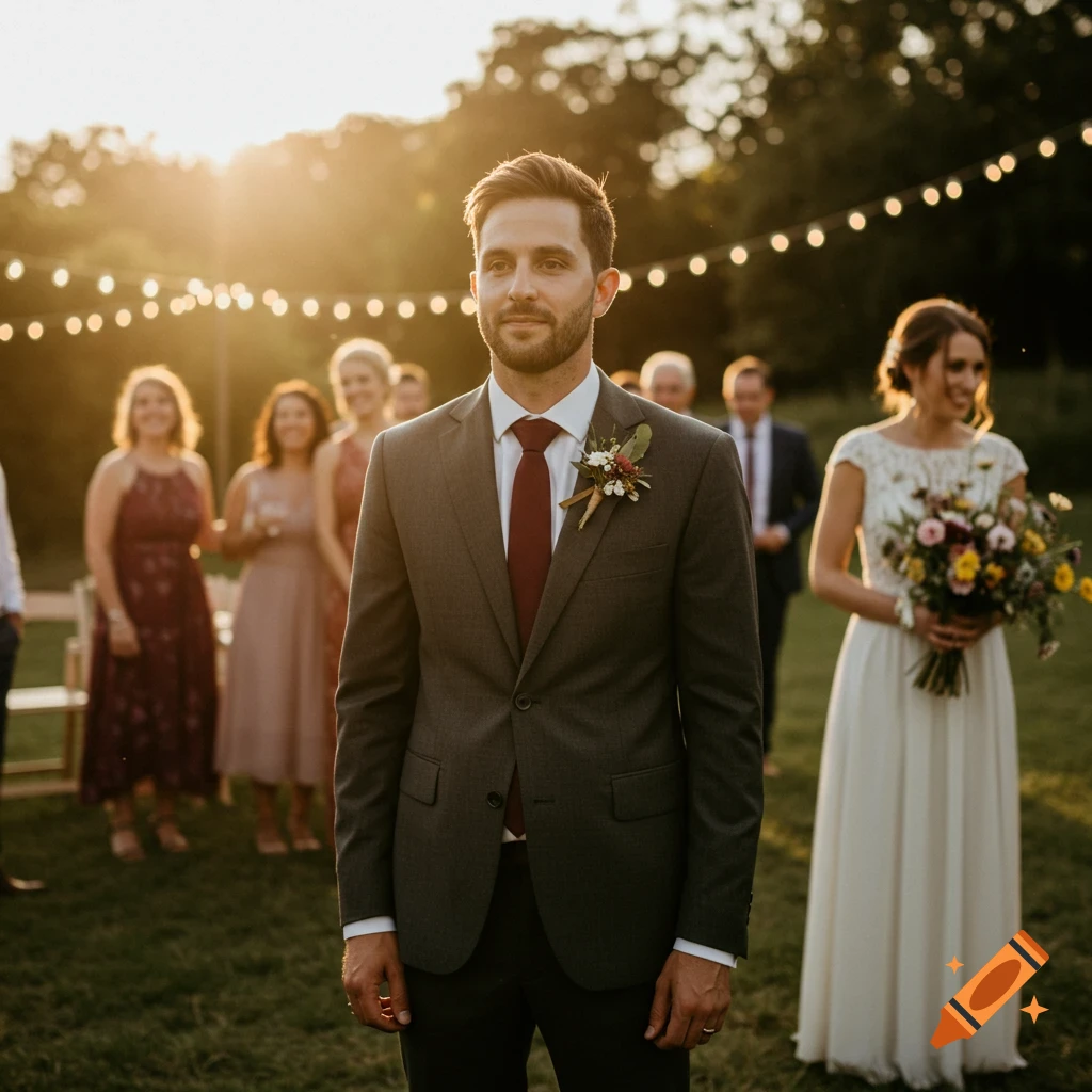 Photorealistic image of a groom in a suit and a bride in a white dress with guests at an outdoor wedding during golden hour.