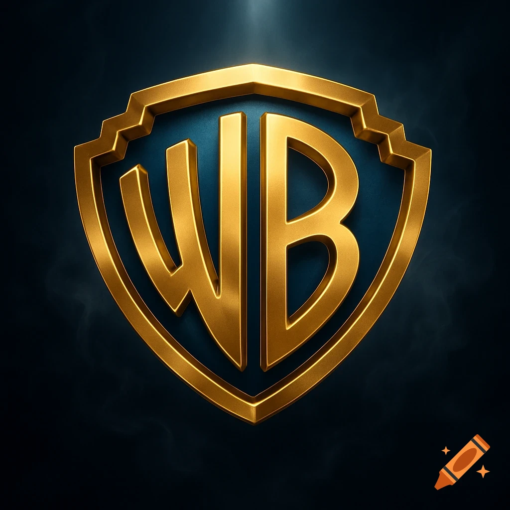 A golden Warner Bros. WB shield logo on a dark background with a spotlight.